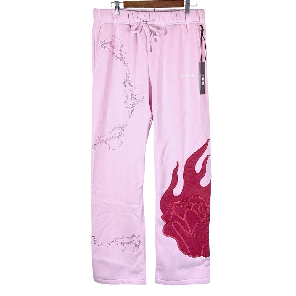 Civil Regime Radient Chaos Pink Flame Rose Rhinestone Sweatpants Mens XXL